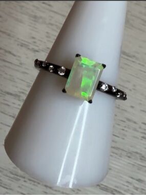 Natural Opal Emerald-Cut Ring with Green and Red Flash